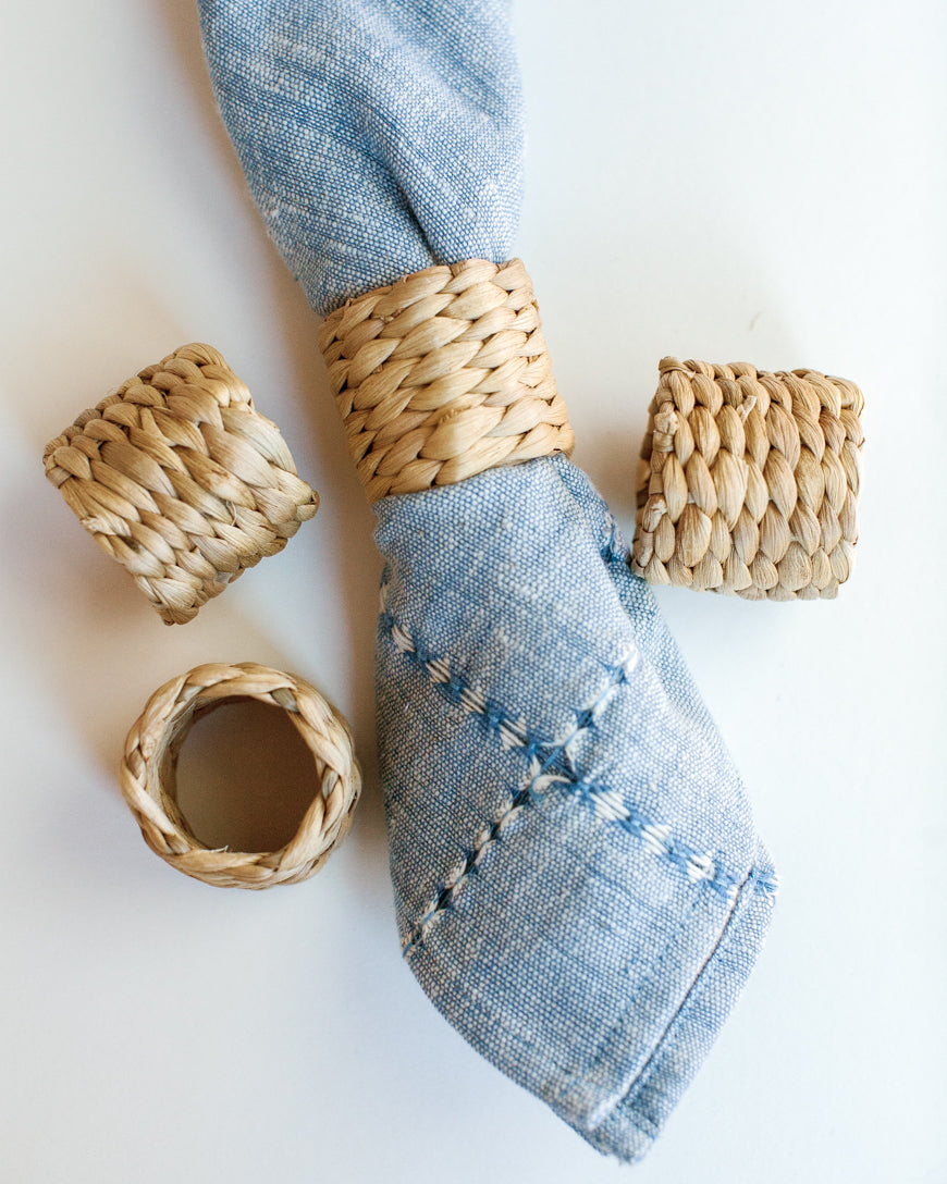 hand-woven cotton napkin with water hyacinth napkin rings