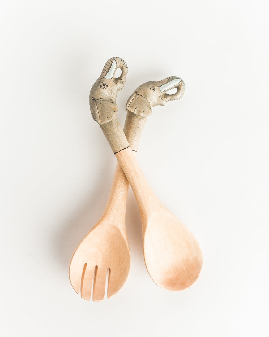 Hand-carved Elephant Salad Servers