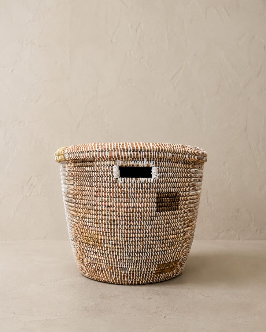 Handwoven Wolof Storage Basket | White & Gray | Senegal