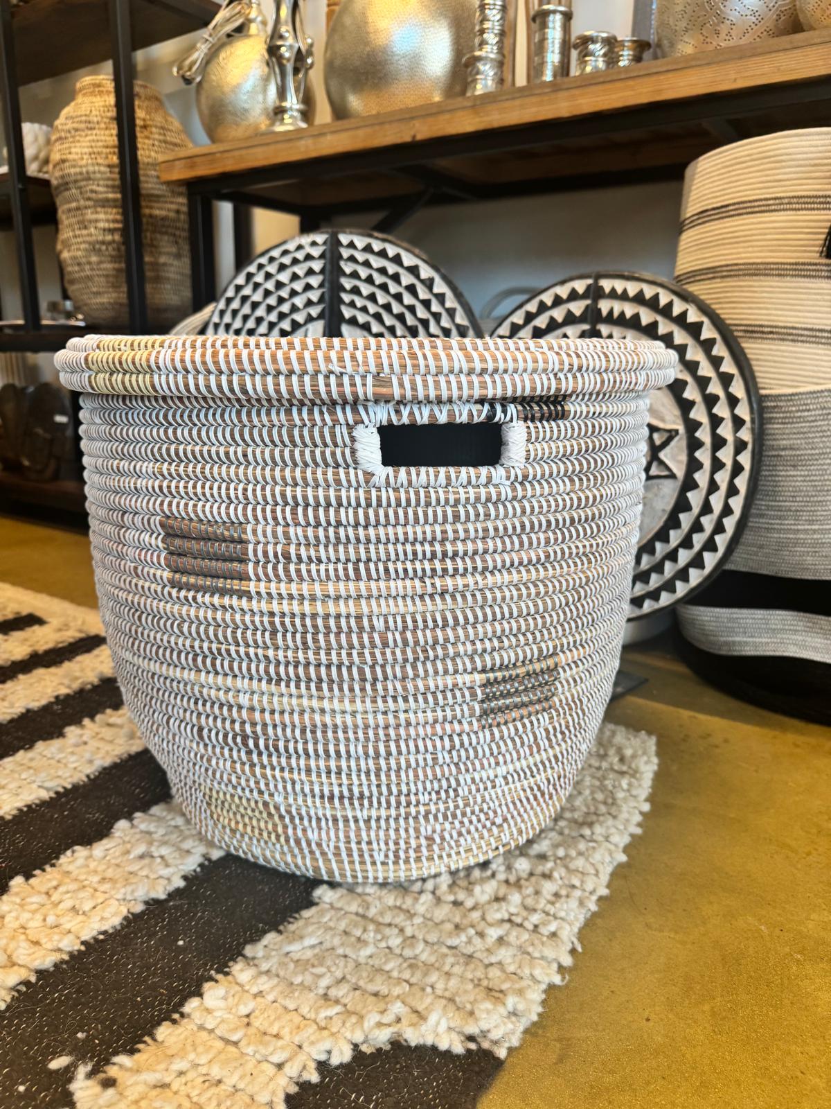 Handwoven Wolof Storage Basket | White & Gray | Senegal