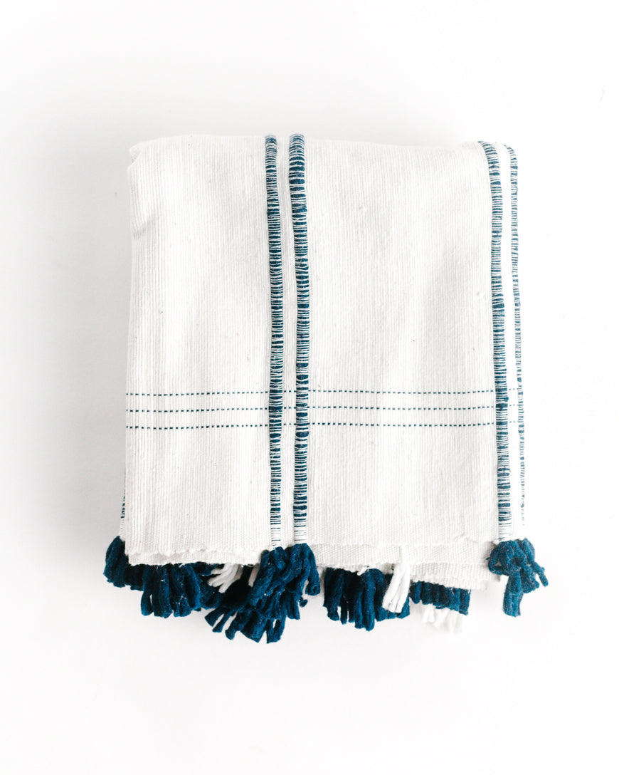 striped white and blue cotton table cloth