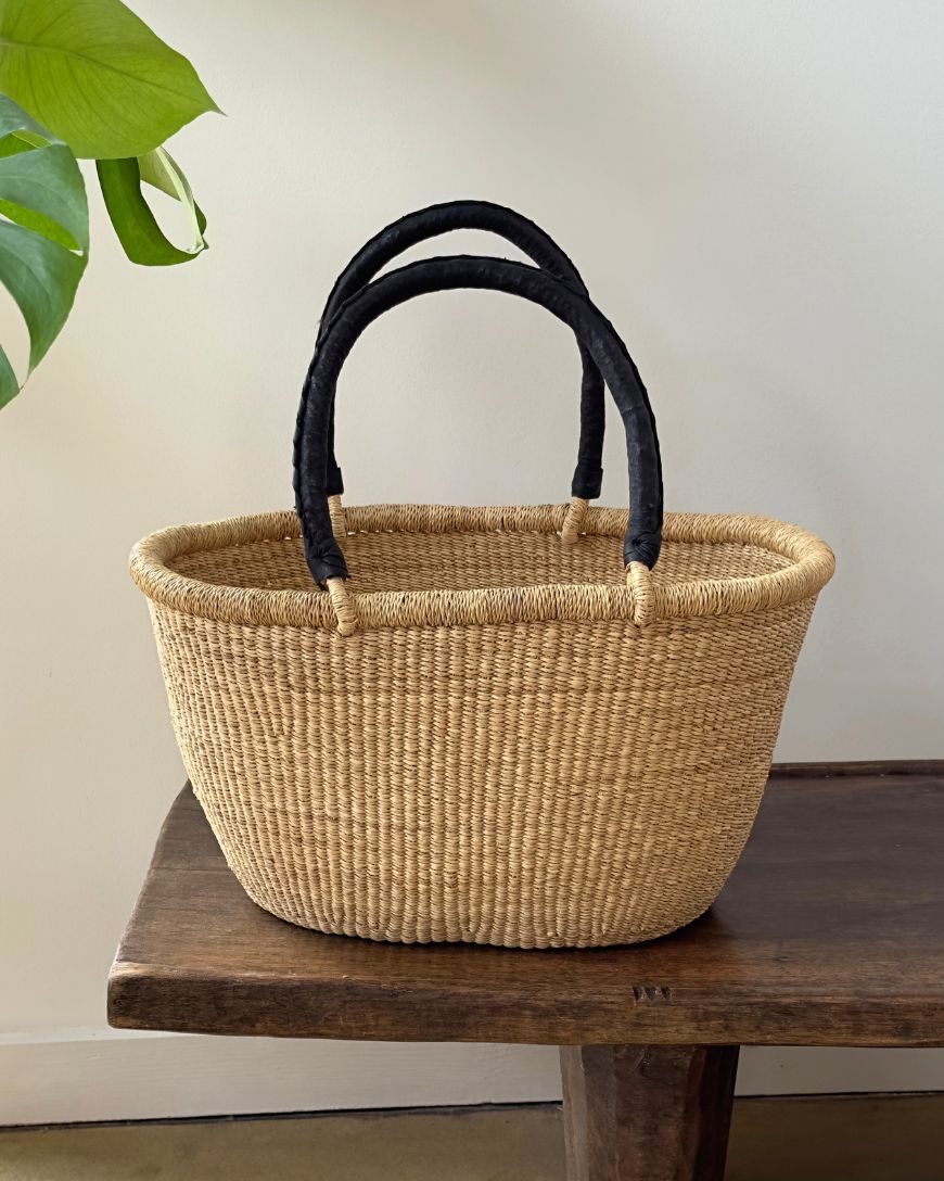 Handwoven Oval Market Basket with Leather Handles