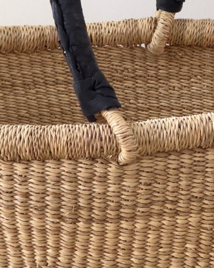 Handwoven Oval Market Basket with Leather Handles