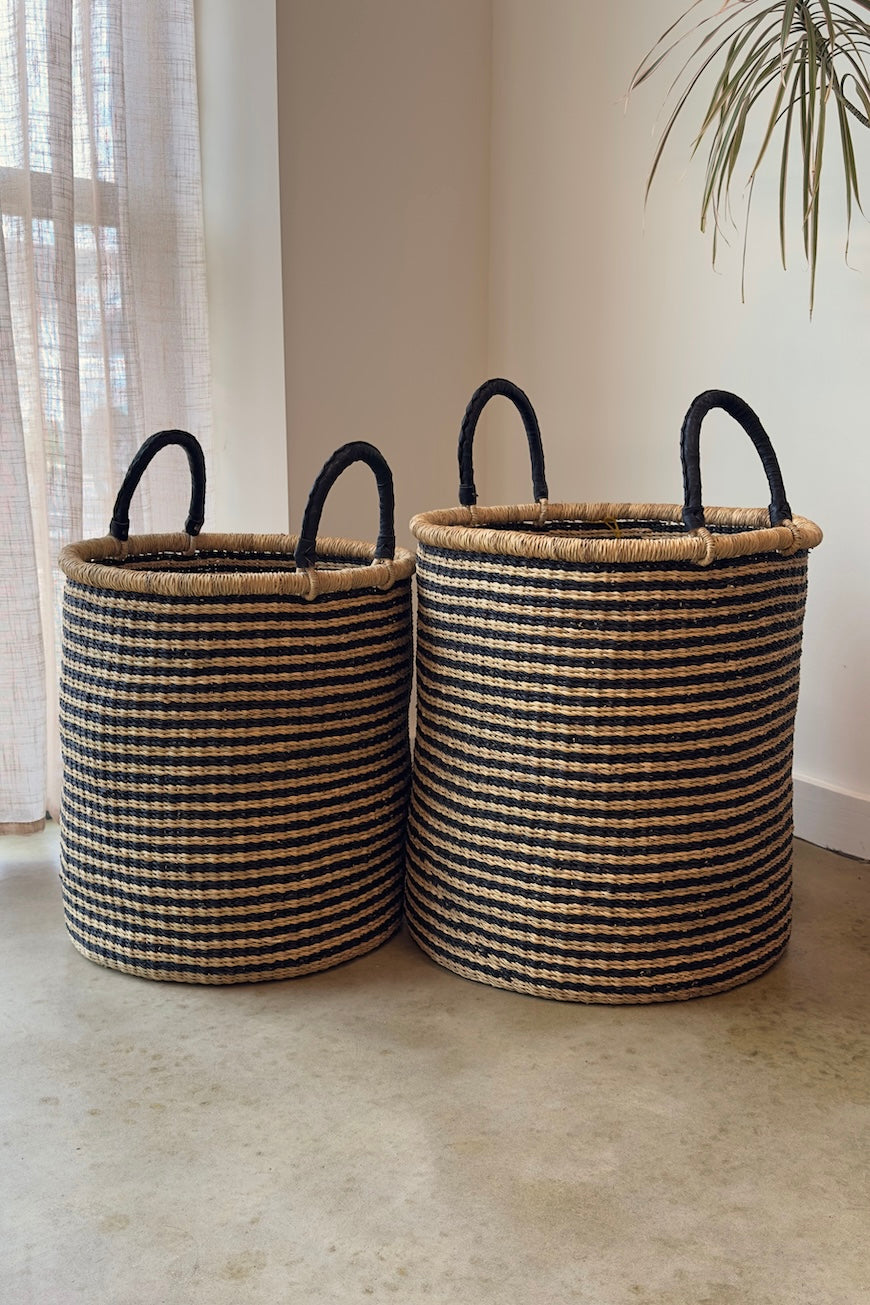 Handwoven African Storage & Laundry Hampers – Black Stripes