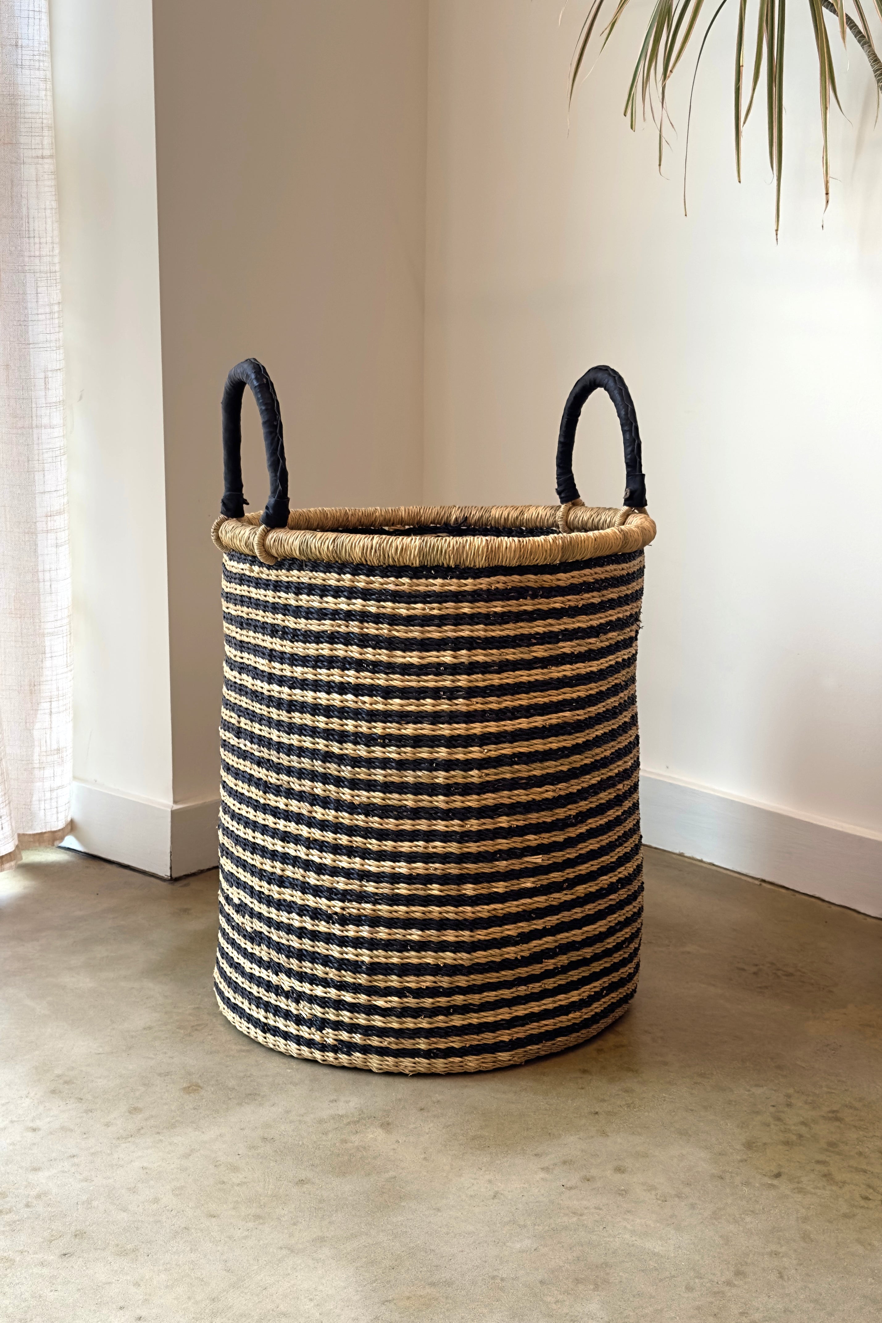 Handwoven African Storage & Laundry Hampers – Black Stripes