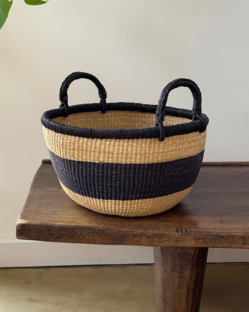 Handwoven African Catch-All Basket – Natural with Black