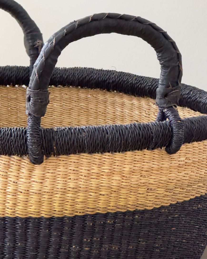 Handwoven African Catch-All Basket – Natural with Black