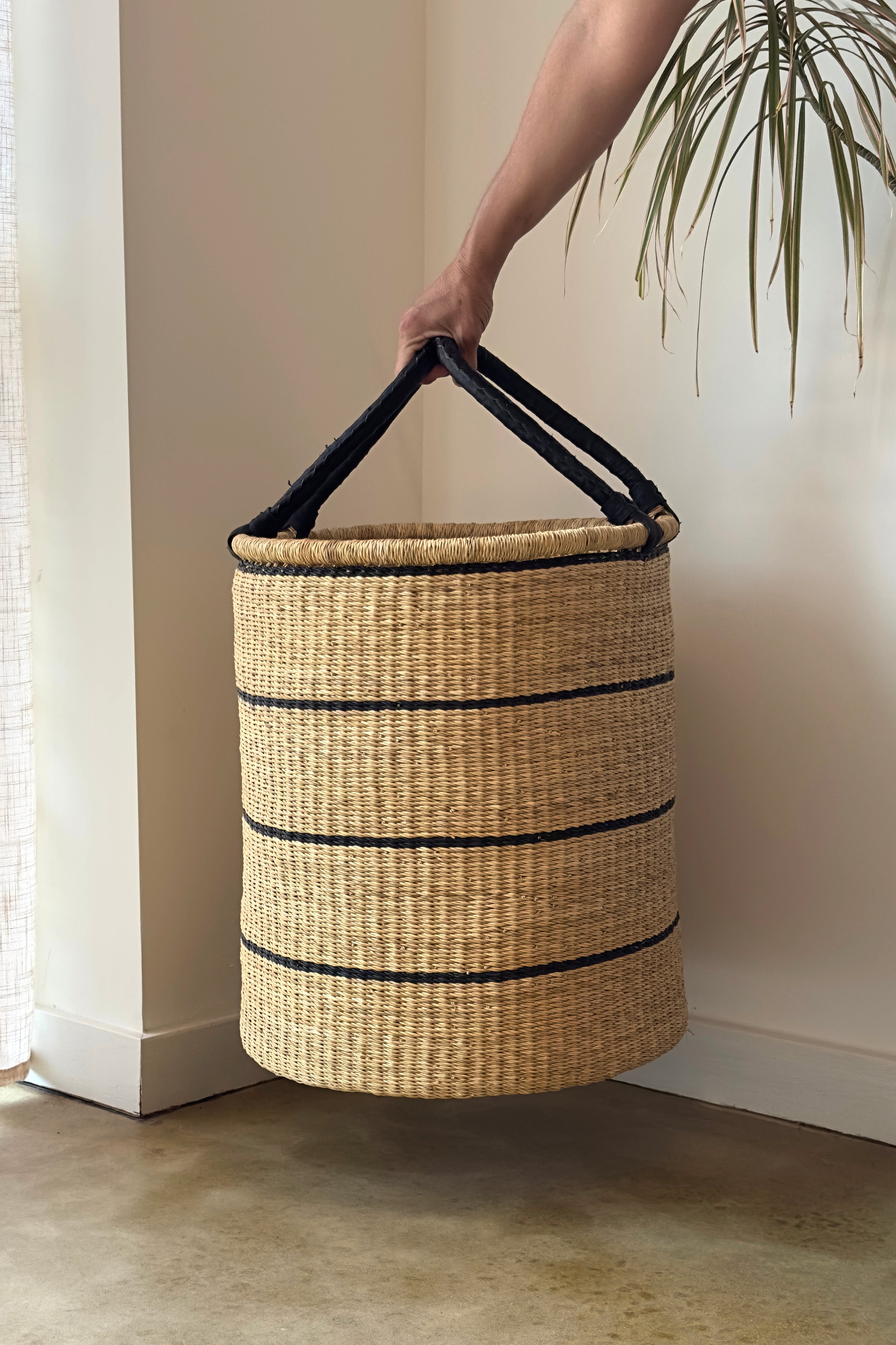 Large Handwoven Storage & Laundry Hamper – Black Stripe