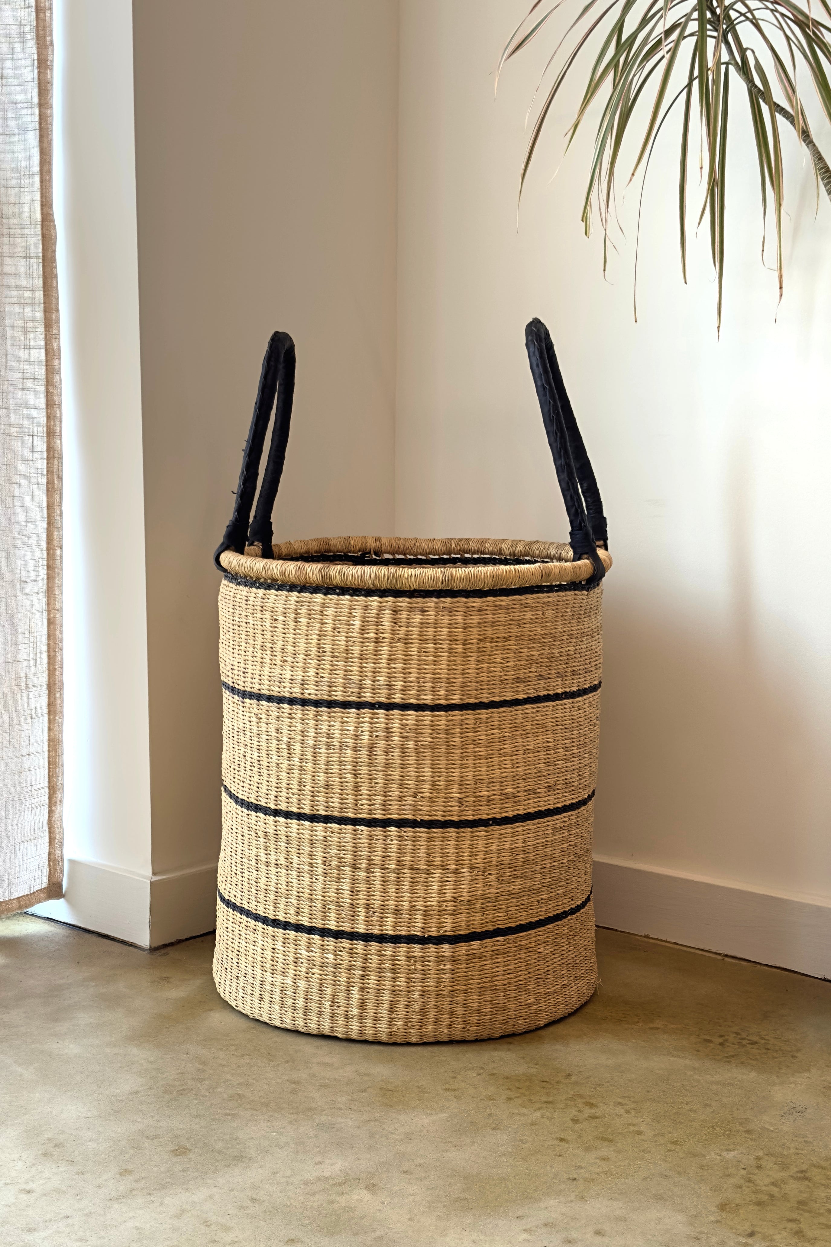 Large Handwoven Storage & Laundry Hamper – Black Stripe