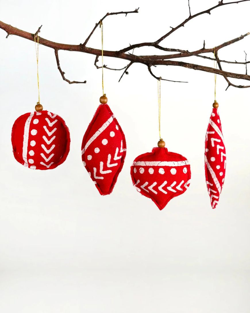 African Batik Red Finial Christmas Ornaments – Set of 4
