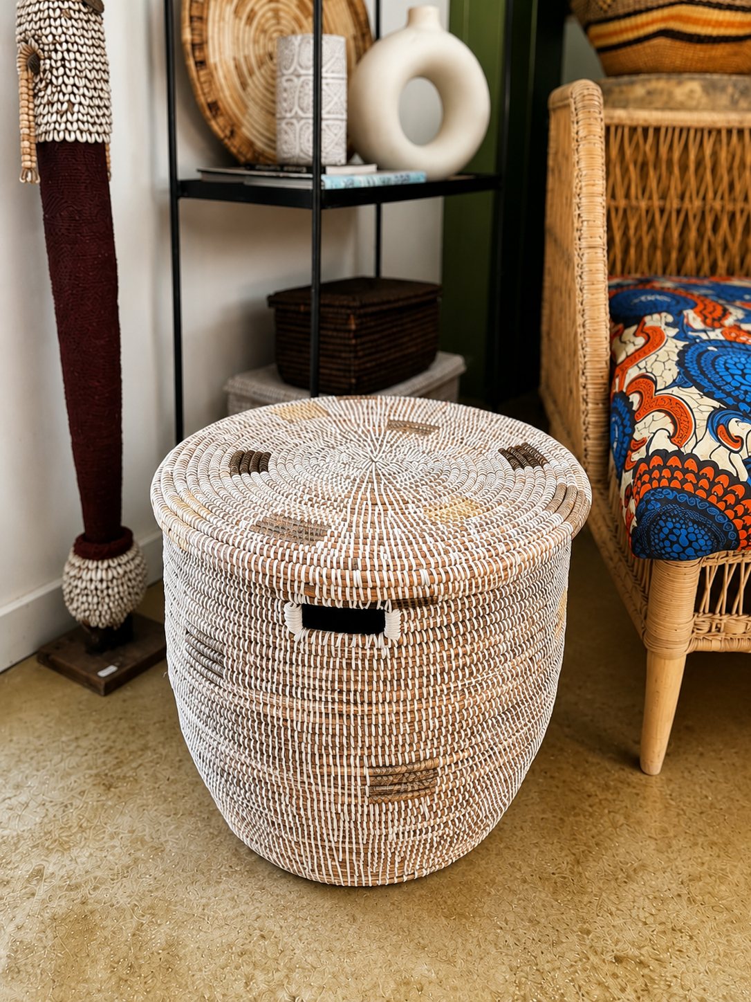 Handwoven Wolof Storage Basket | White & Gray | Senegal