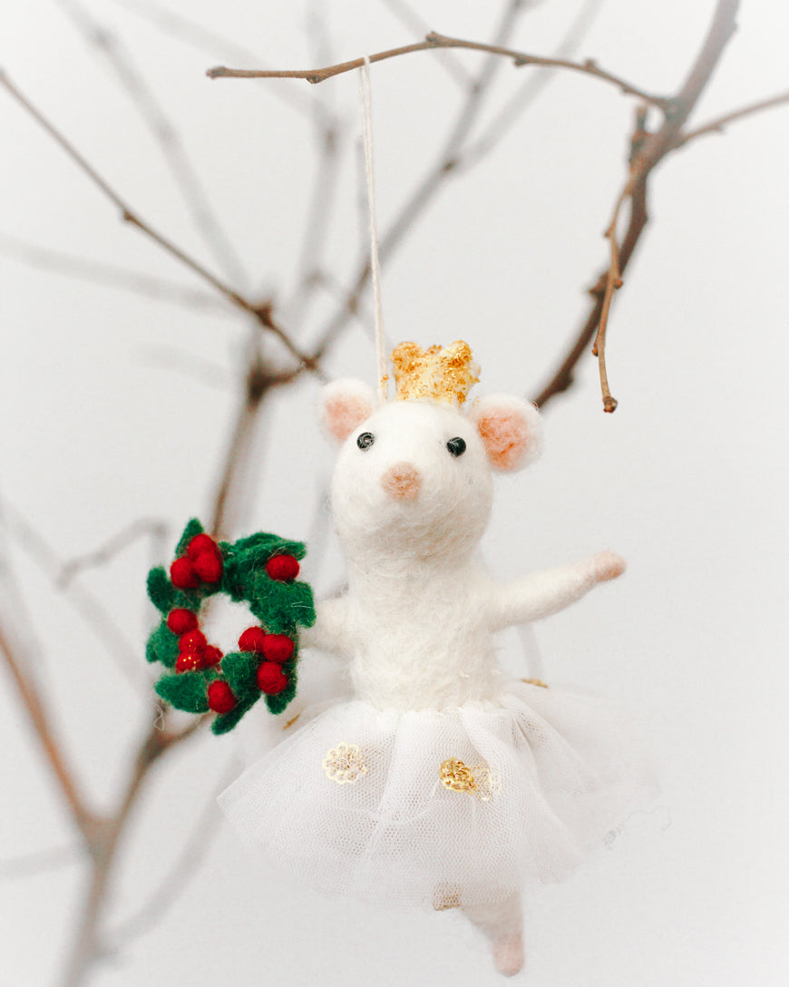 white ballerina mouse with wreath holiday ornament